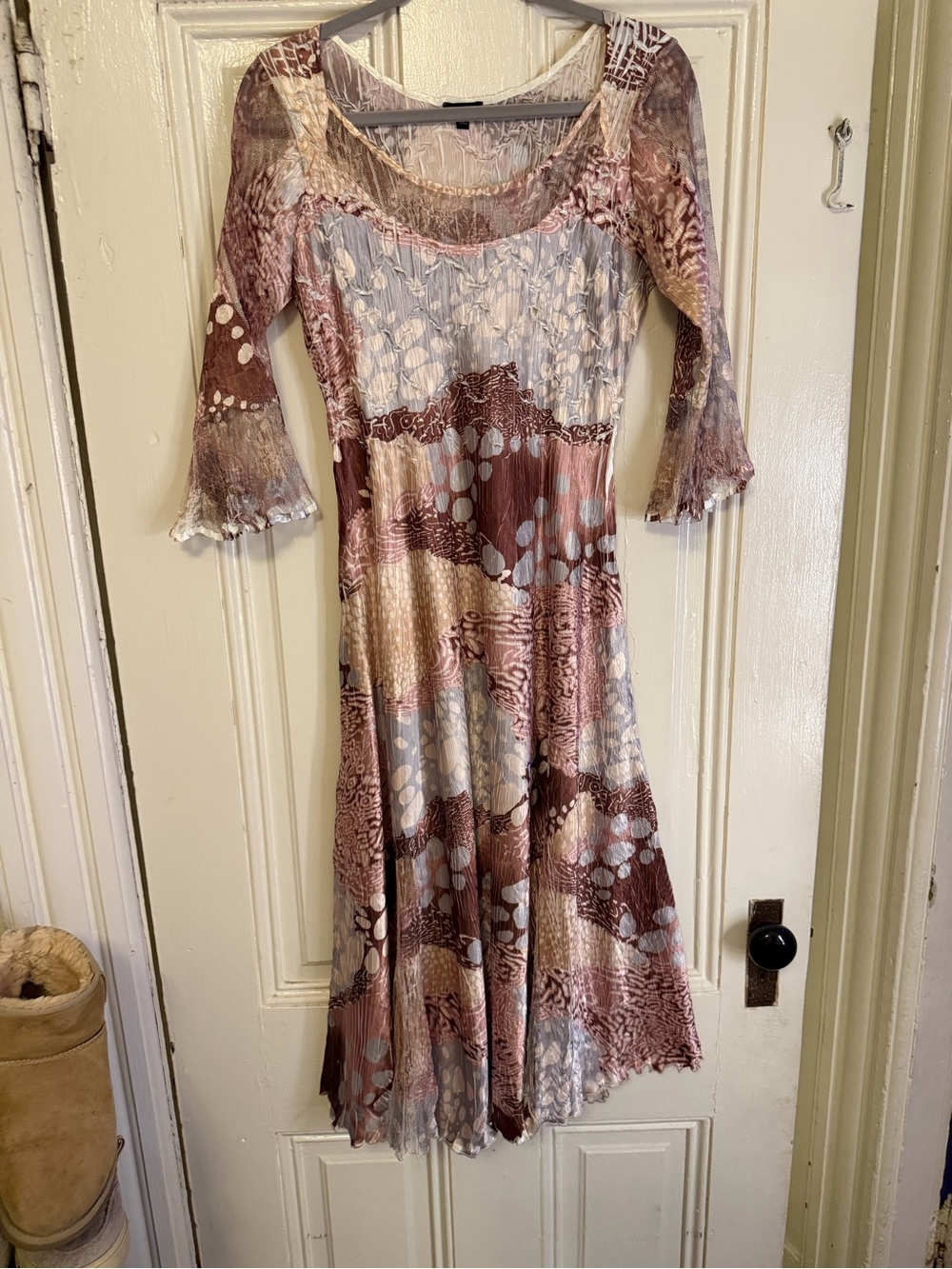 Stunning komarov Mixed Print Scoop Neck Midi Dress in brown and Cream size XL
